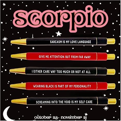 Jxueych 5 Pack Scorpio Ballpoint Pens, Funny Humorous Quotes Pens Quick Drying Black Ink - Ideal for Writing, Drawing, Journaling & Note Taking