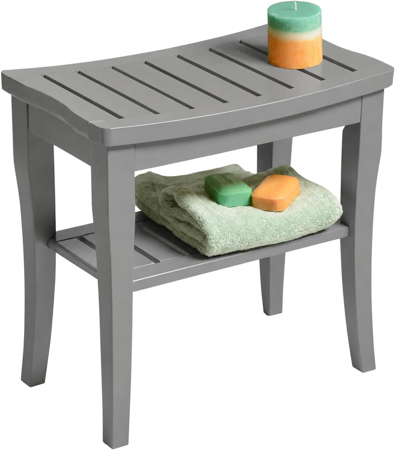 Bamboo Shower Bench, Gray Bathroom Wooden Stool Chair Seat with Storage