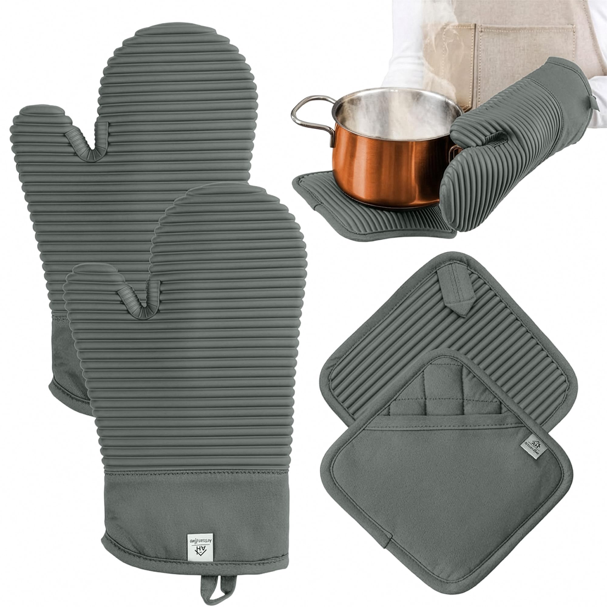 Juego de guantes de horno y agarraderas de silicona extralargos | Resistente al calor 260.0 °C sin BPA, almohadillas calientes de silicona de grado alimenticio y manoplas de cocina | Juego de 4