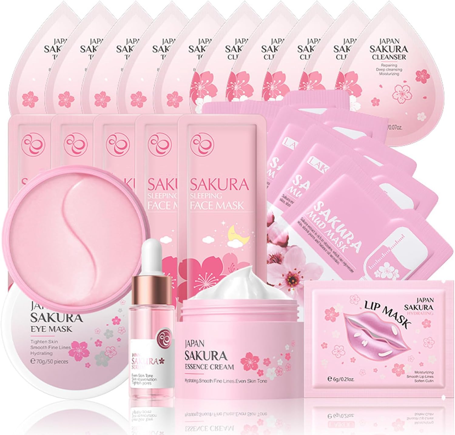 Cherry Blossom Skin Care Sets & Kits, Stocking Fillers Women Skin Care Set, Teenage Girls Gifts Pamper Set Sakura Facial Kit With Cream,Serum,Eye Mask,Lip Mask,Toner,Cleanser,Face Mask 24PCS