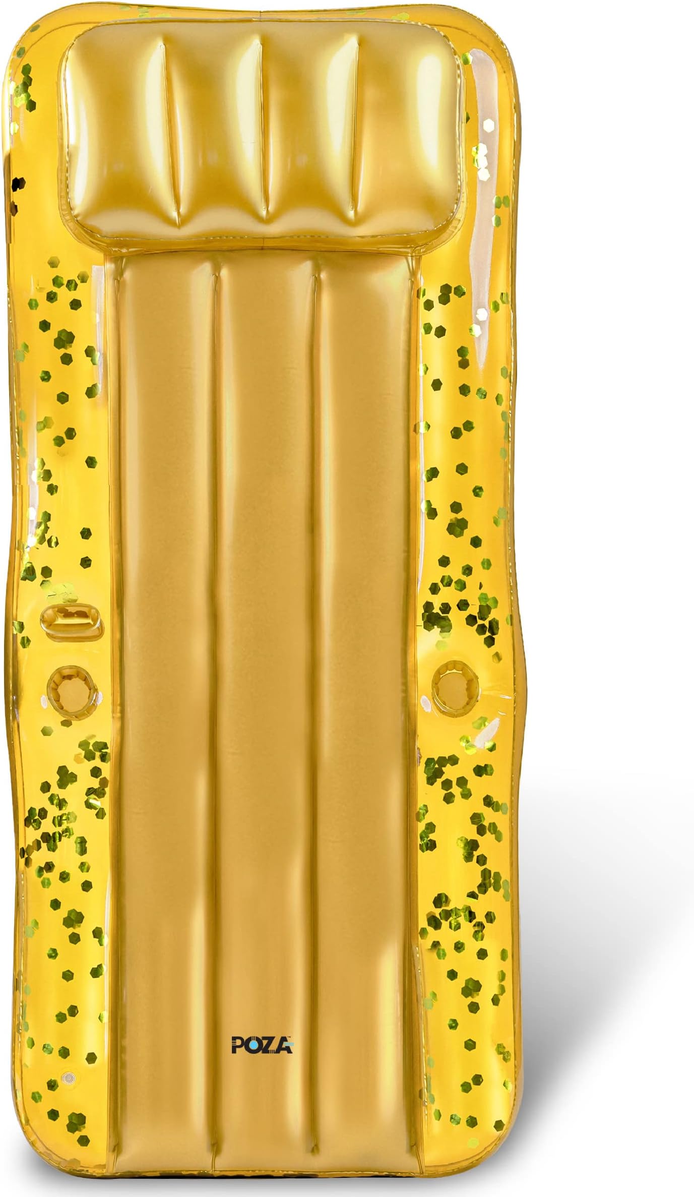 POZA Inflatable Giant Gold Pool Mattress - Big Luxurious Pool Float Lounger Filled with Gold Sparkle Confetti, Premium Thick Air Mat, Built in Headrest, Phone Holder, and Cup Holders - 76x32 Inches