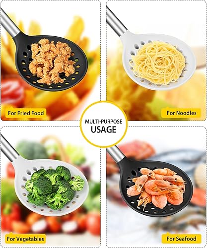 Miniatura 3 de Juego de 2 cucharones de cocina con ranuras grandes y resistentes al calor, sin BPA, antiadherentes, para escurrir y freír (negro y blanco)