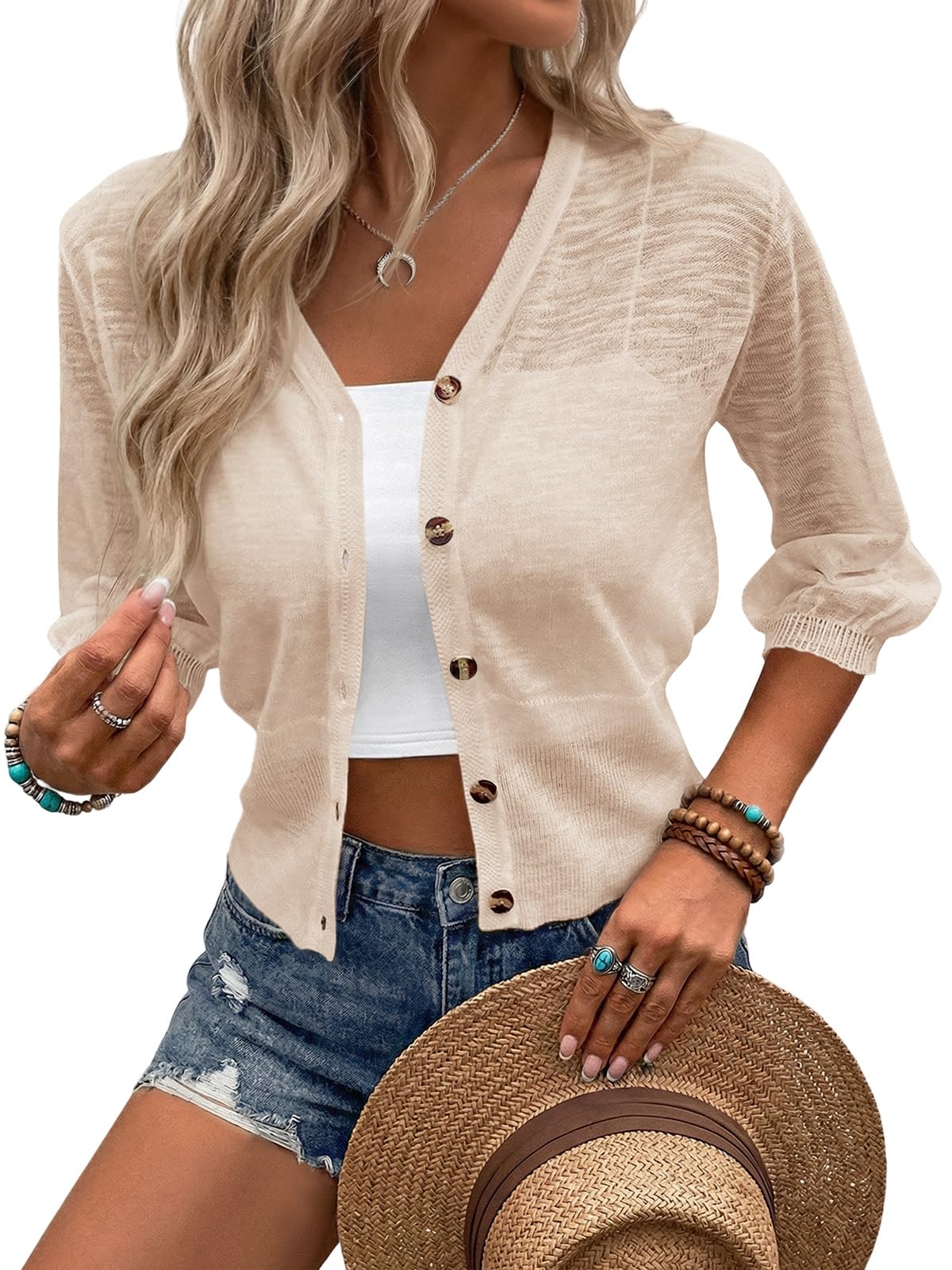 Womens Short Sleeve Sheer Cardigans Lightweight Button V Neck Casual Knit Tops Summer Vacation Outfits-image-36