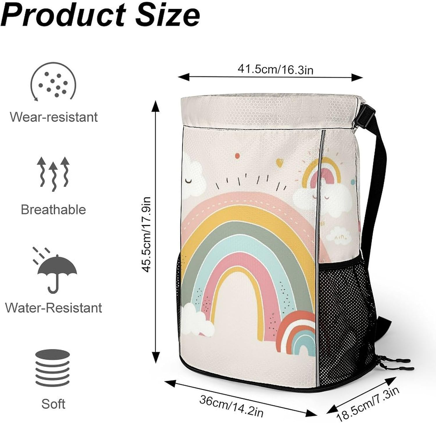 Rainbow And Cloud Drawstring Backpack with Wet Pocket - Large Capacity Gym Bag with Shoe Compartment & Mesh Pockets, Adjustable Lightweight Gym Backpack for Swimming, Travel, Workout