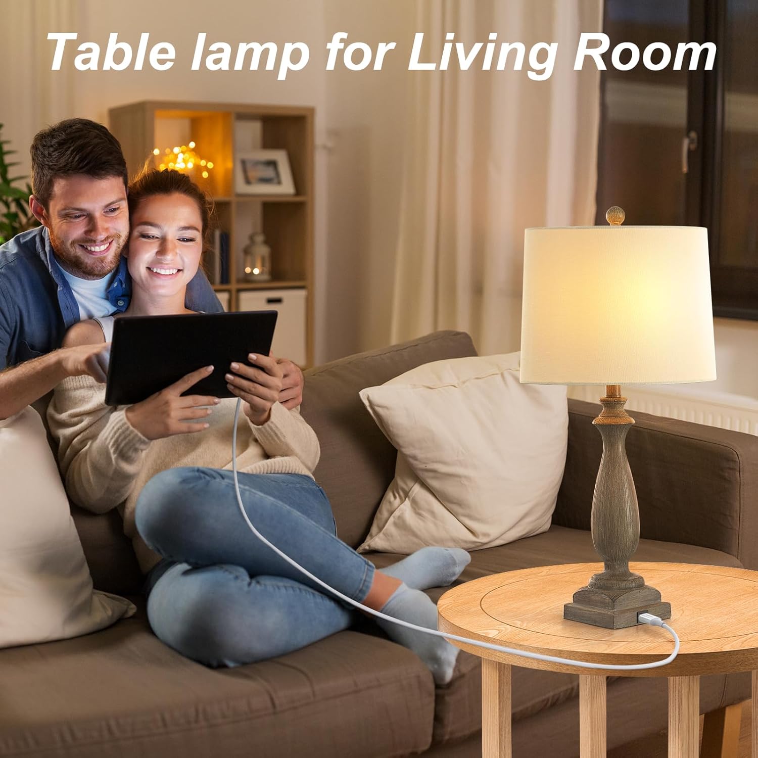 26'' Traditional Table Lamps Set of 2 with USB Charging Port, 3-Way Dimmable Rustic Farmhouse Resin Bedside Lamps for Bedroom, Vintage Nightstand Desk Lamp for Living Room &White Linen Shade