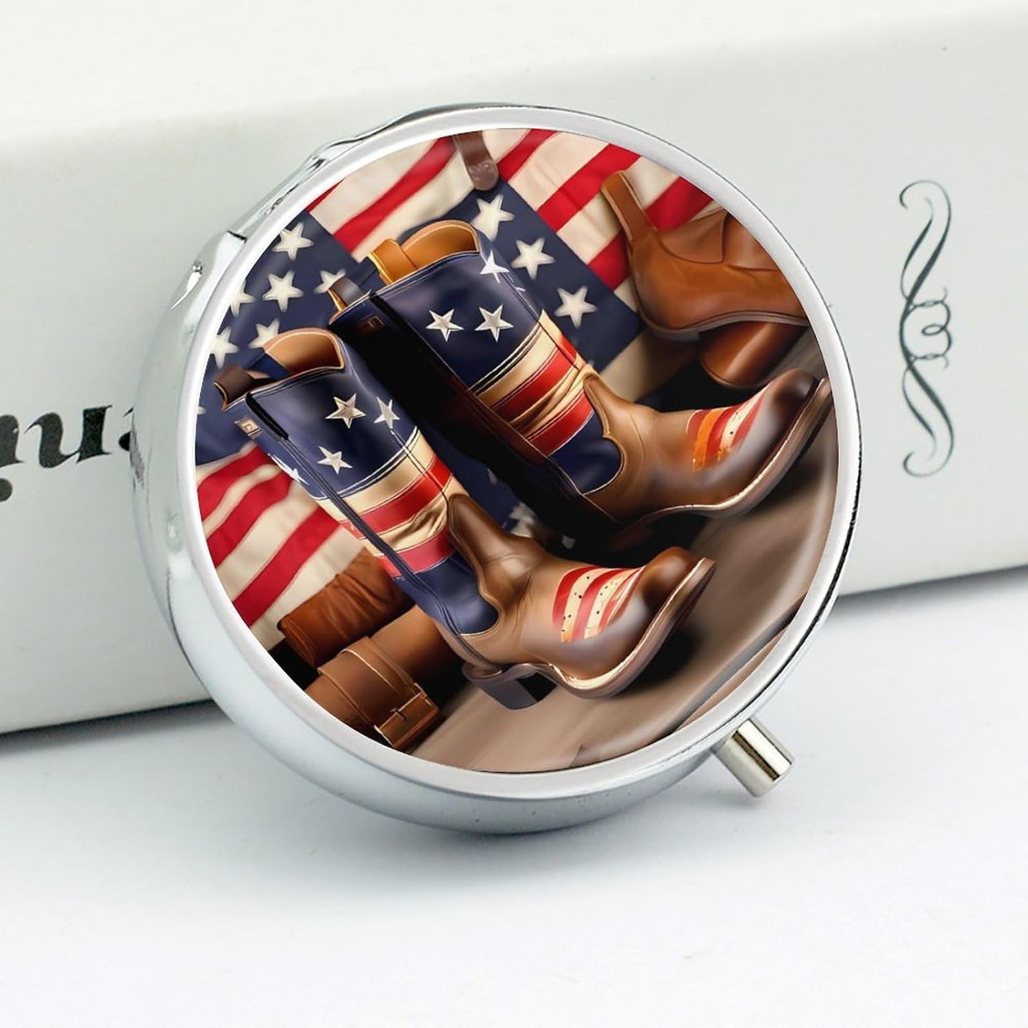 Round Silver Pill Box Small Pill Case for Purse and Pocket 3 Compartment image 4
