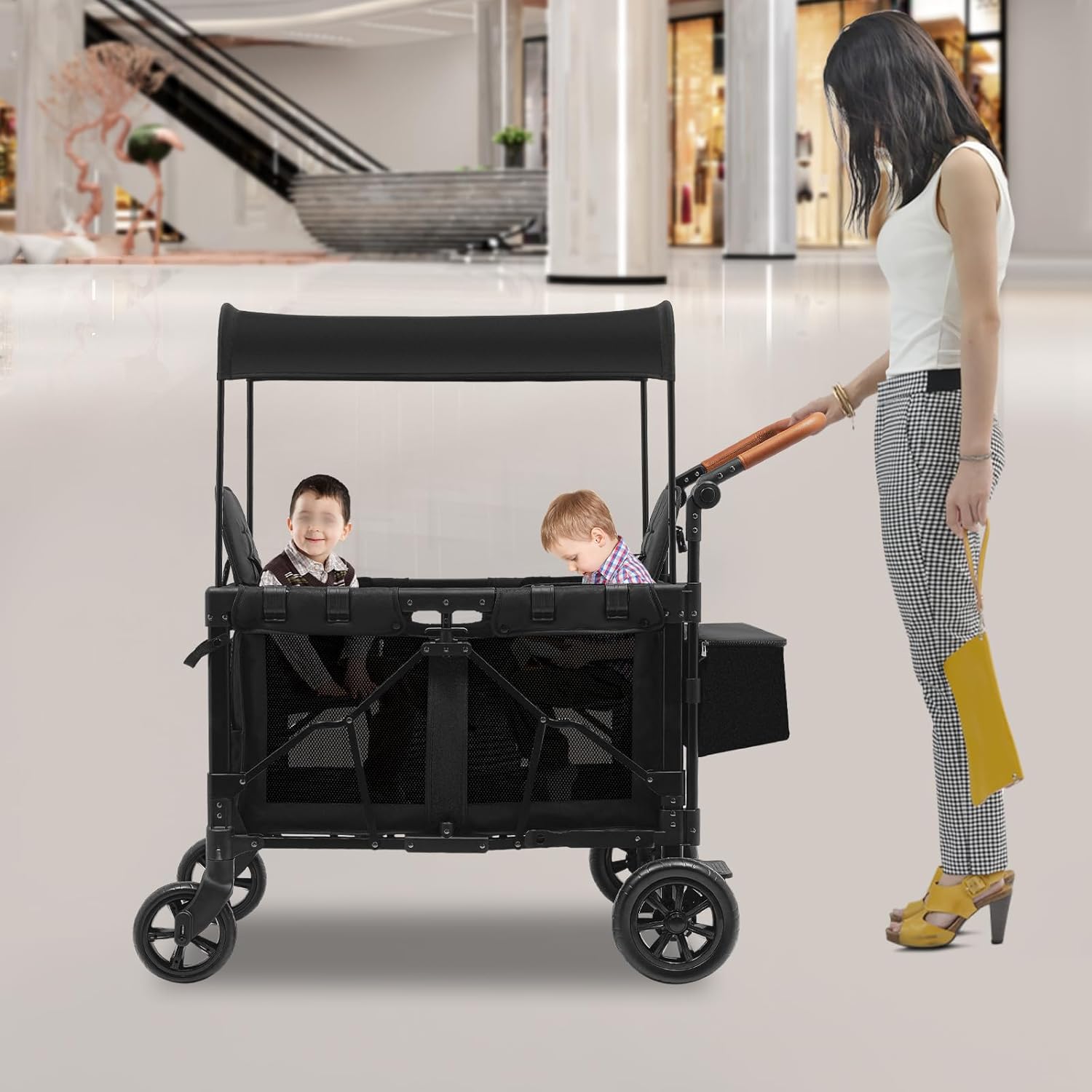 Stroller Wagon for 2 Kids, 2-Seat All-Terrain Wagon Cart with 5-Point Harnesses, Foldable Double Push Bar Wagon Stroller with Sunshade, Large Wheels for Camping Hiking Beach Travel, Black