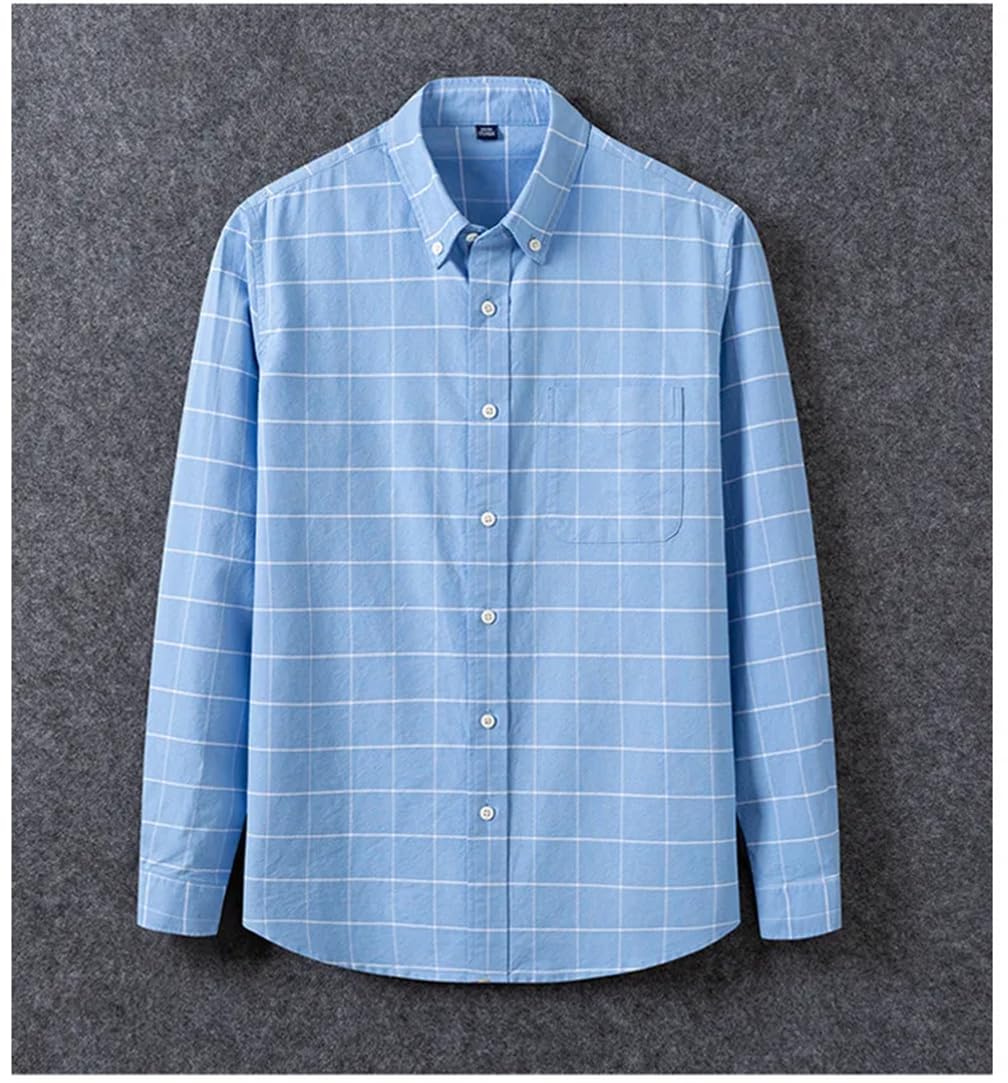 Adhdyuud Camisa de algodón Oxford a rayas para hombre, casual, de negocios, manga larga, a cuadros, ajuste regular, con bolsillo