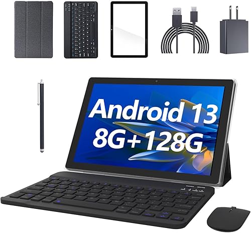 Tablet Android 13 con teclado 2 en 1 de 10 pulgadas, 8 GB+128 GB+1 TB Quad- Core 2.0Ghz CPU Tablet PC, 2.45G WiFi 6, BT 5.0, 10.1 pulgadas, pantalla
