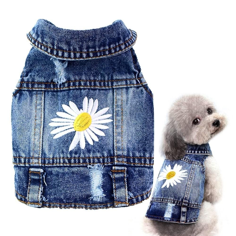Dog Denim Jacket with Embroidered Daisy, Ripped Vintage Jean Vest for Small Dogs, Pugs, Chihuahuas, Spring Summer Autumn Festival Outfit
