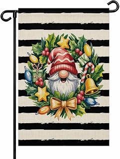 Christmas Garden Flags Double Sided, Country Gnomes Pine Branches Star Bell Striped Vertical Garden Yard Flag, House Flag Banner for Holiday Outdoor Decorations, 12 x 18 Inch