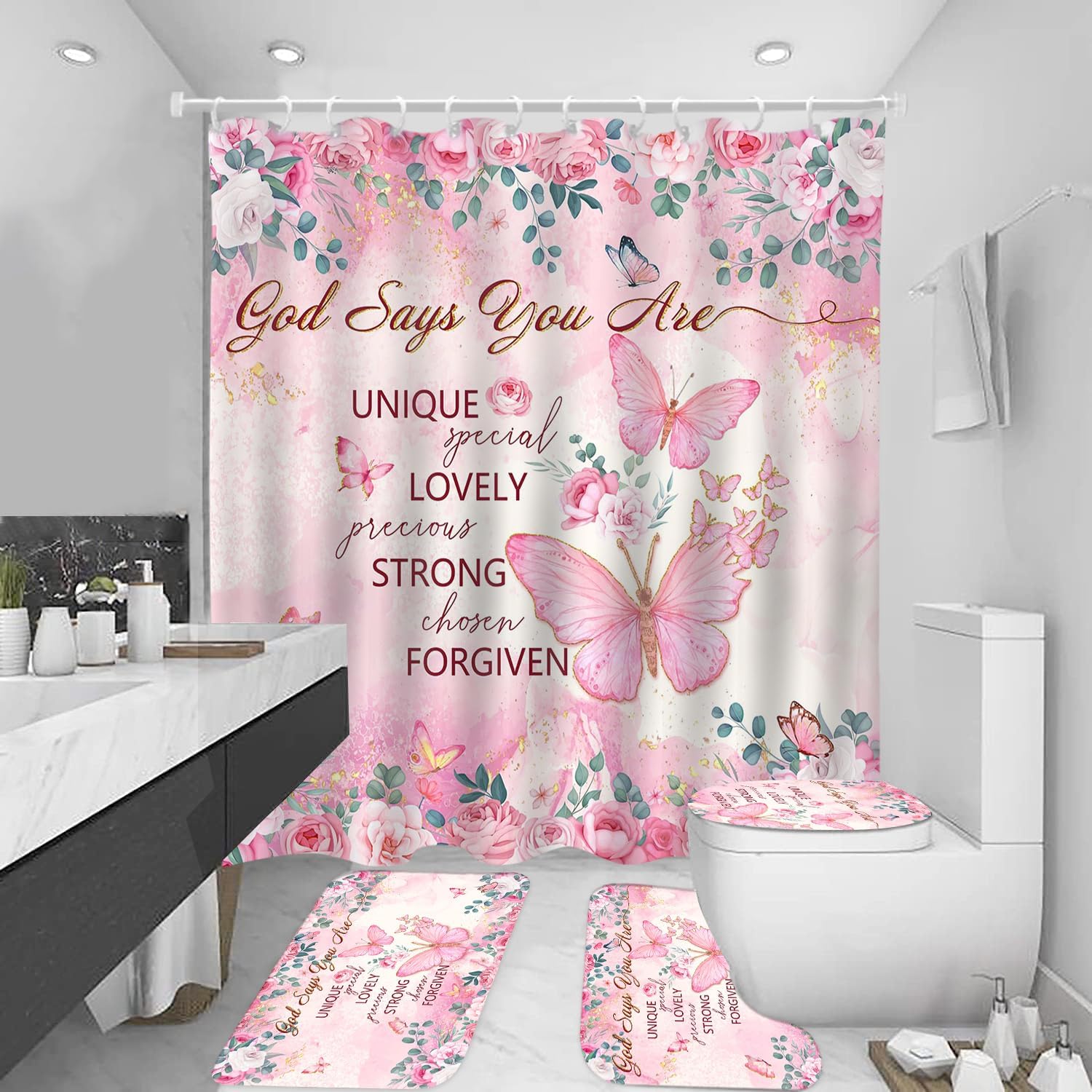 Mocsicka Pink Butterfly Shower Curtain Set for Bathroom, 4Pcs Butterfly Bathroom Sets with Non Slip Rugs, Toilet Lid Cover, Bath Mat, Shower Curtain, Bathroom Decor with 12 Hooks (Pink)