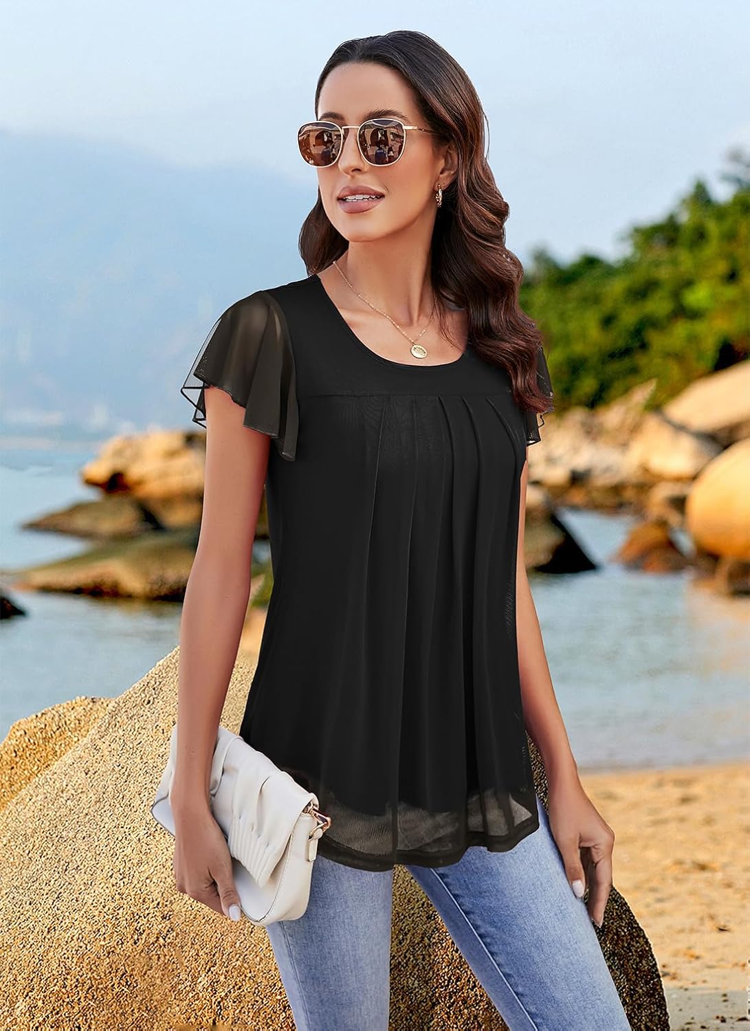 WANGZHI Womens Short Ruffle Sleeve Mesh Tunic Casual Crew Neck Pleated Tops Loose Flowy Blouse Summer Shirt 2025 - Image 2