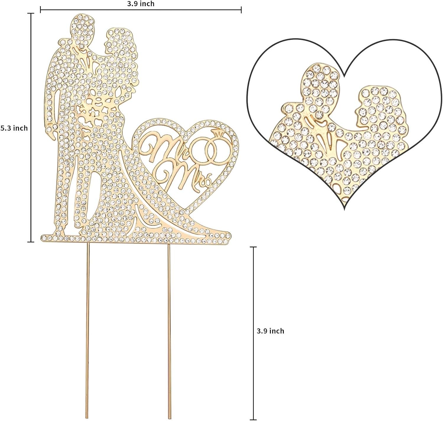 Jaciya Wedding Cake Topper Gold Bride and Groom Cake Topper Rhinestone Heart Shape Metal Mr and Mrs Cake Toppers Reusable Bridal Shower Engagement Anniversary Cake Decorations