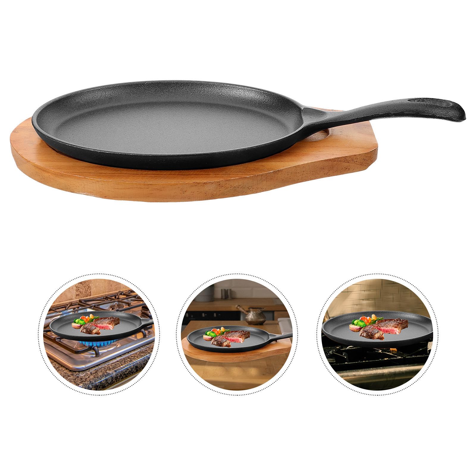 INOOMP Sartén de Hierro Fundido con Mango Único y Base de Madera, Multifuncional y Fácil de Limpiar para Uso Diario en Cocina del Hogar