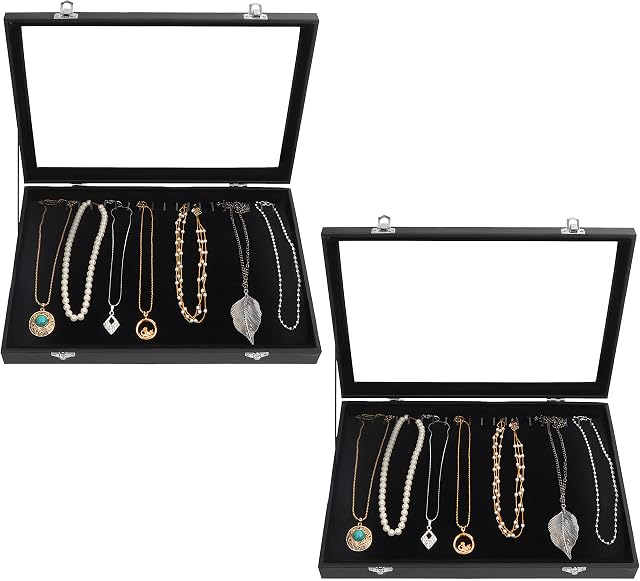 Kurtzy Black Velvet Necklace Jewellery Organise Storage Display Case Box Tray with 20 Hooks and Lockable Glass Lid (2 Pack) - Stackable Tray for Drawer - For Necklaces, Bracelets, Earrings and Anklets