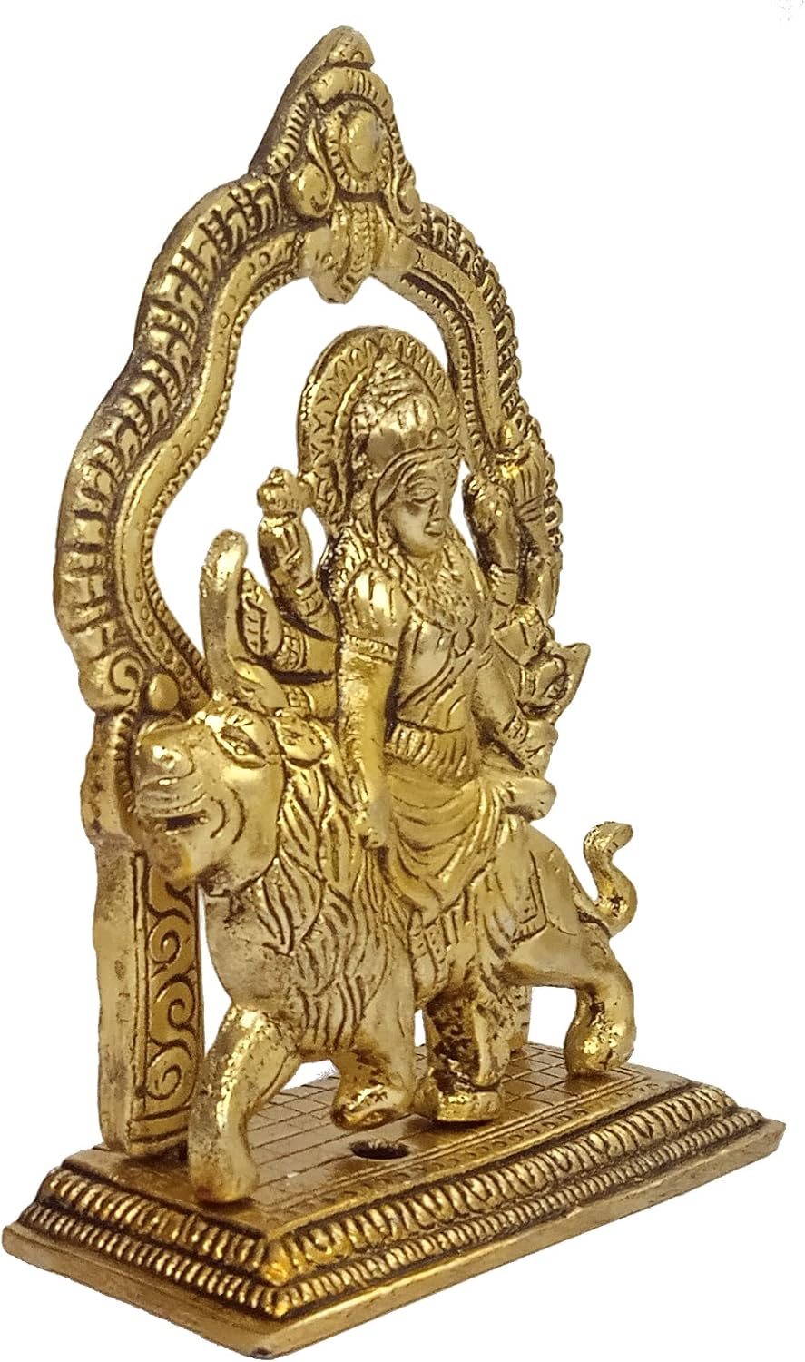 Purpledip Metal Idol Durga Sherawali Ma: Golden Statue Sitting in Mandap Canopy (12626)