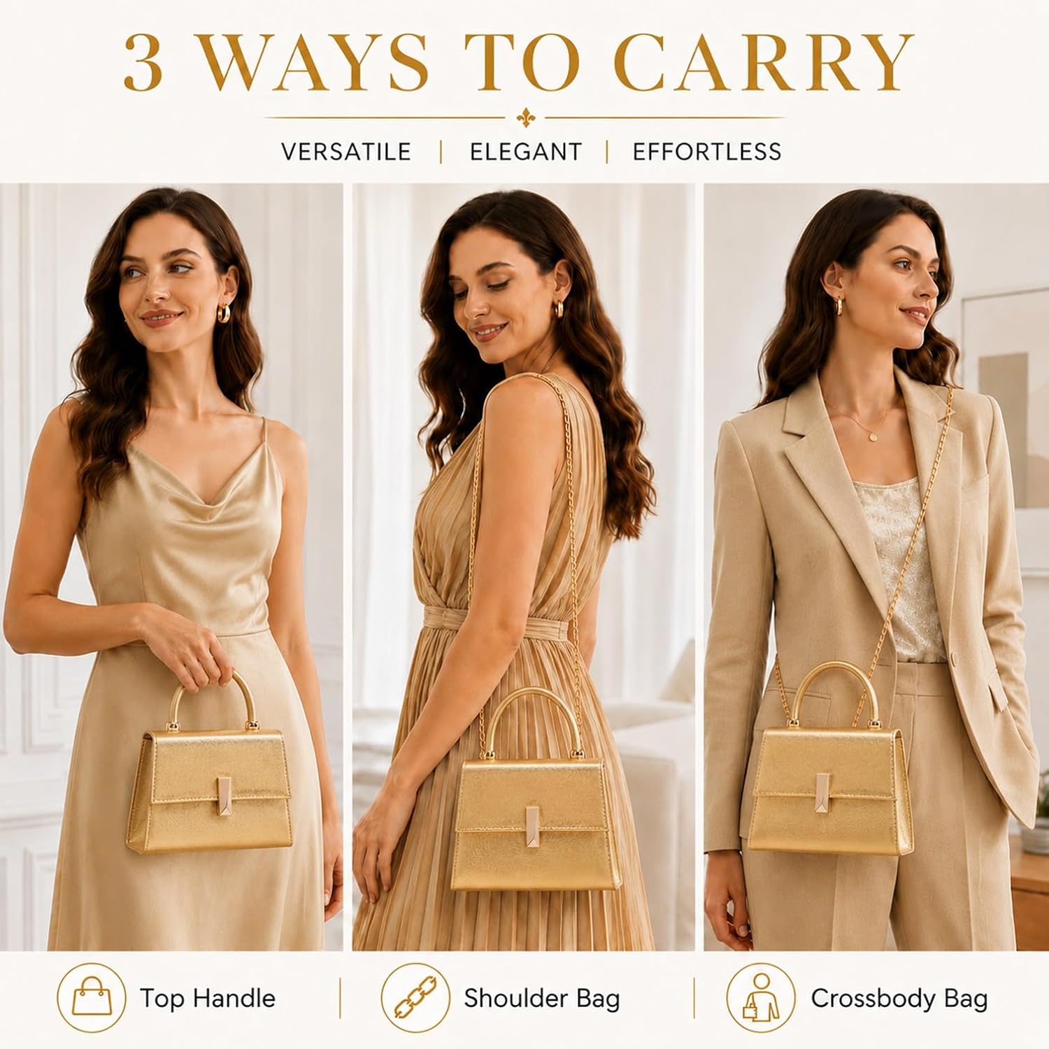 Women's Evening Handbag PU Leather Top Handle Clutch Purse with Gold Metal Clasp for Party Prom Wedding Cocktail