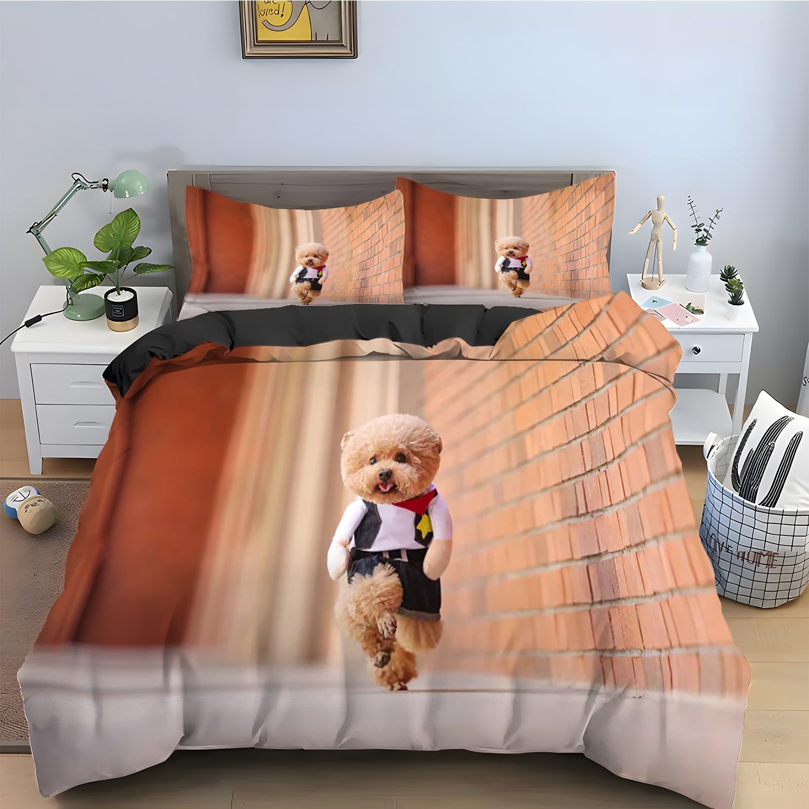 Housse de couette 220x240 chien caniche en microfibre avec 2 taies d'oreiller