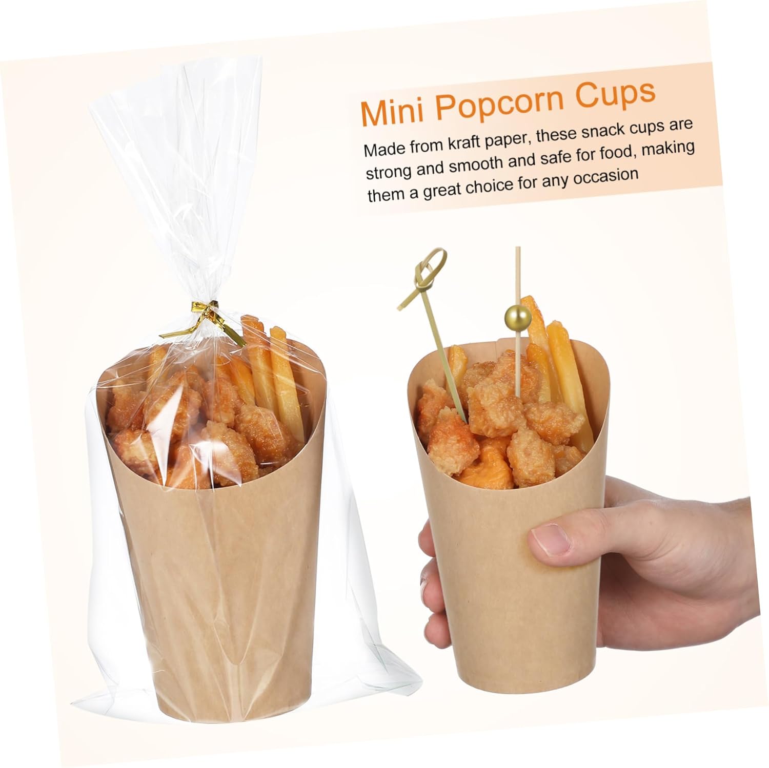 50pcs Kraft Paper Cups French Fry Cups Lids for Appetizer Party Decorative Toothpicks