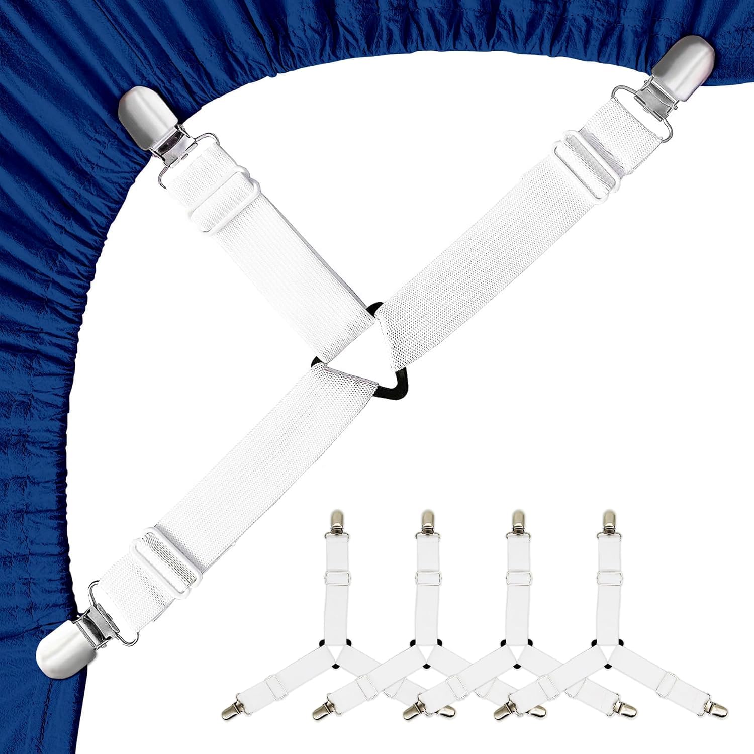 Ksvs White 4 Pcs Adjustable Triangle Elastic Suspenders Gripper Holder Straps Clip - Elastic Adjustable Bedsheet Holders For Bed, Mattress Cover, Fitted Bed Sheets, Sofa Cushion (White)