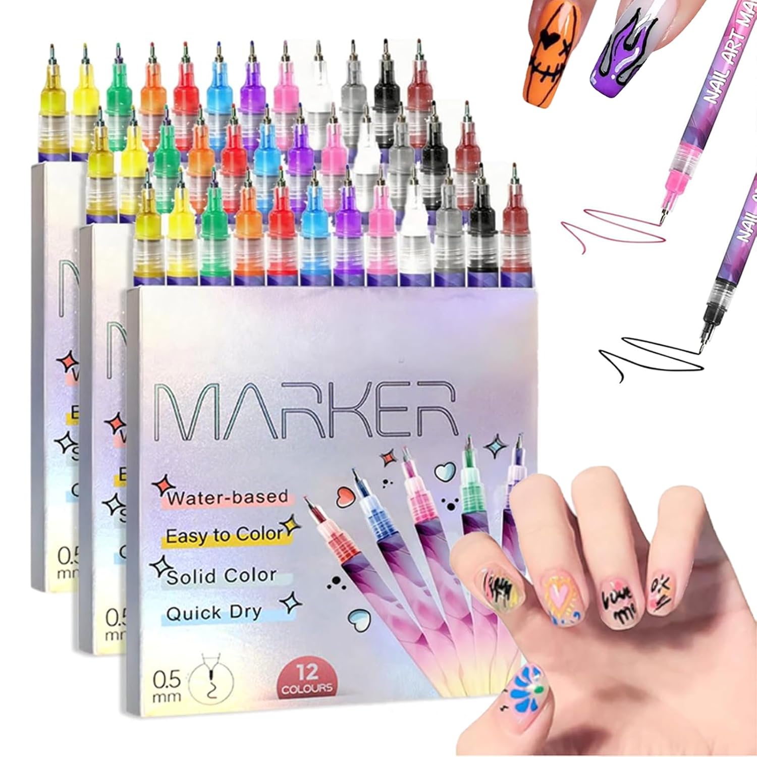 Pink Galaxy Nail Art Pens Fine Tip 0.5mm, 12 Colors Nail Art Pens Set, Waterproof and Quick-Drying Nail for DIY Design, Beauty Adorn Manicure Tool Markers for Natural Nails for Home Salon (3 Set)