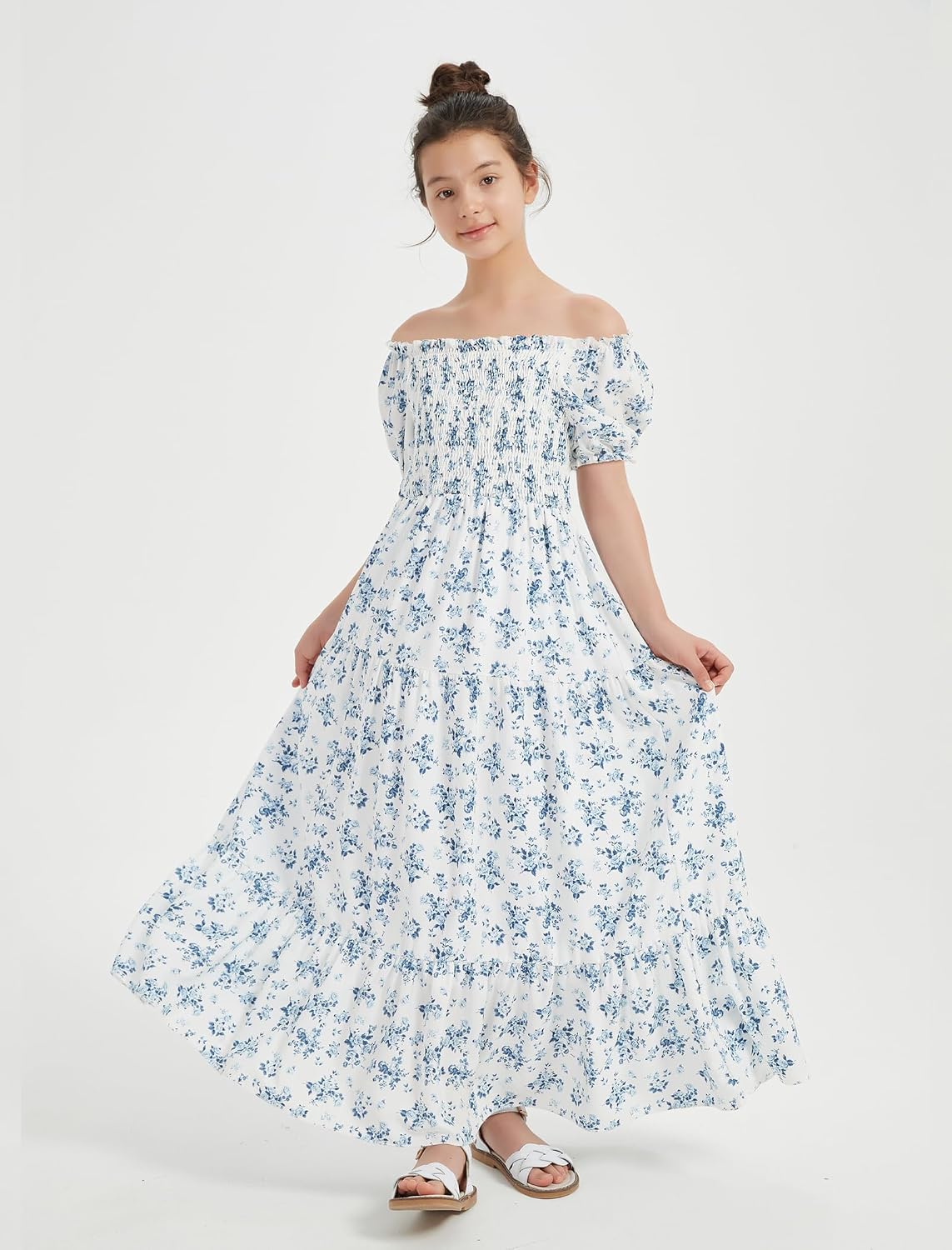EXARUS Girls Maxi Long Smocked Dress Swiss Dot/Floral Teen Summer Dresses A-line Beach Casual Vacation Sundress