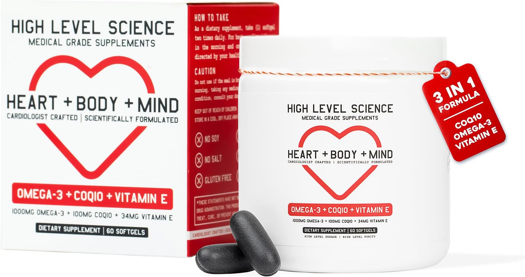 High Level Science CoQ10, Omega-3, Vitamin E - Cardiologist Formulated for Heart + Body + Mind Health with DHA/EPA, Antioxidant for Energy, Superior Bioavailable Fish Oil - Gluten Free