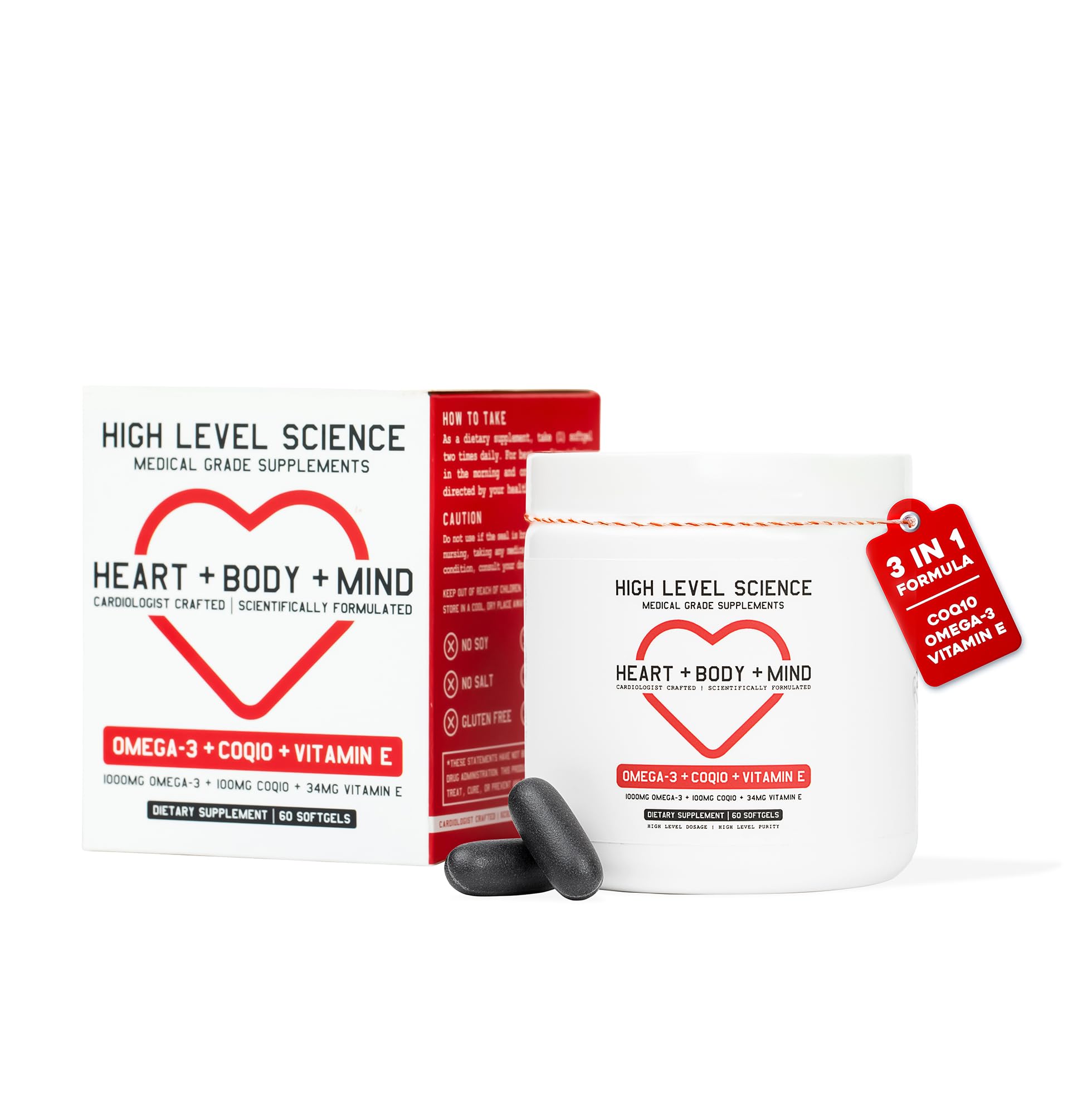 High Level Science CoQ10, Omega-3, Vitamin E - Cardiologist Formulated for Heart + Body + Mind Health with DHA/EPA, Antioxidant for Energy, Superior Bioavailable Fish Oil - Gluten Free