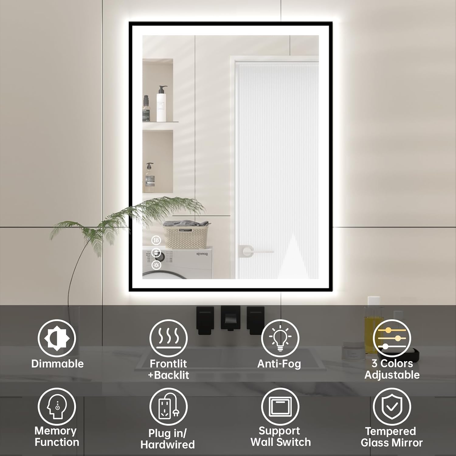 24x32 LED Bathroom Mirror with Lights, Black Aluminum Framed, Backlit + Front Lit, Lighted Bathroom Vanity Mirror for Wall, Anti-Fog, Memory Function, Dimmable, Shatterproof ETL Listed