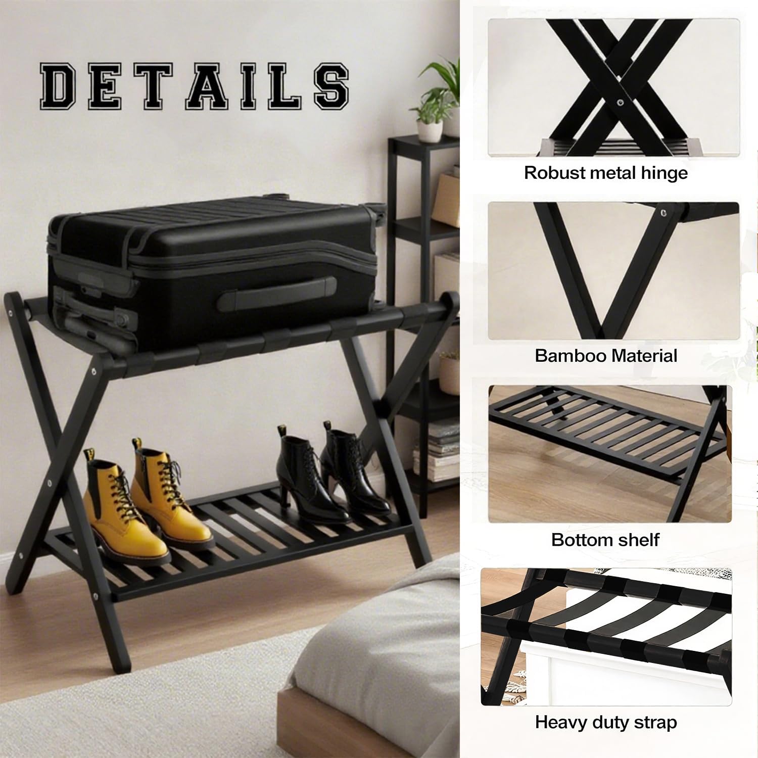 GAOHAPY Bamboo Luggage Rack with Shoe Shelf Folding Suitcase Stand with 5 Heavy-Duty Straps for Guest Room Living Room Hotel Ideal Luggage Holder for Suitcases Bags Shoes,Black Black Large