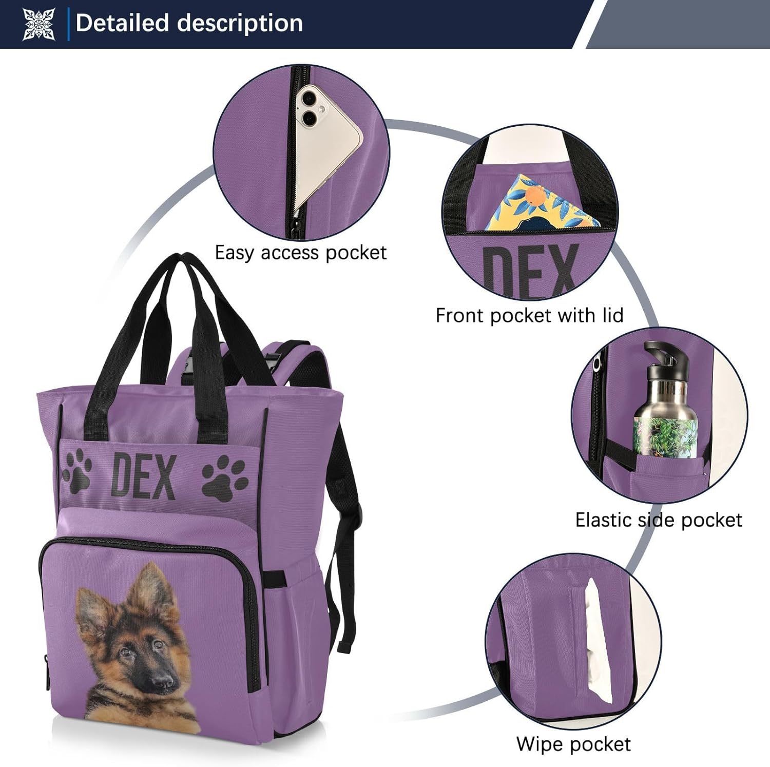 Emelivor Custom Purple Diaper Bag Dog Backpack Multi-Function Bags Personalized Nursing Bag with Stroller Straps for Baby Registry