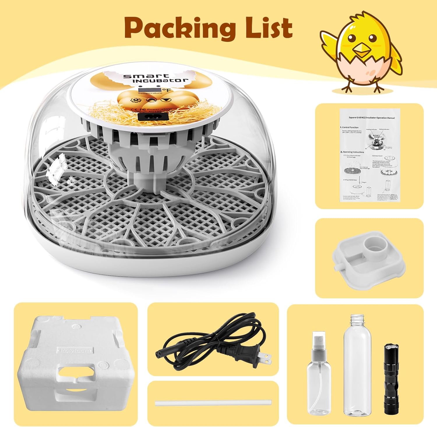 Egg Incubator for Hatching Chicks, Automatic Egg Turner Holds 12 Eggs, Smart Incubator 360° Clear Window with Temperature Display Egg Candler for Small Poultry Chickens Ducks Quails Eggs