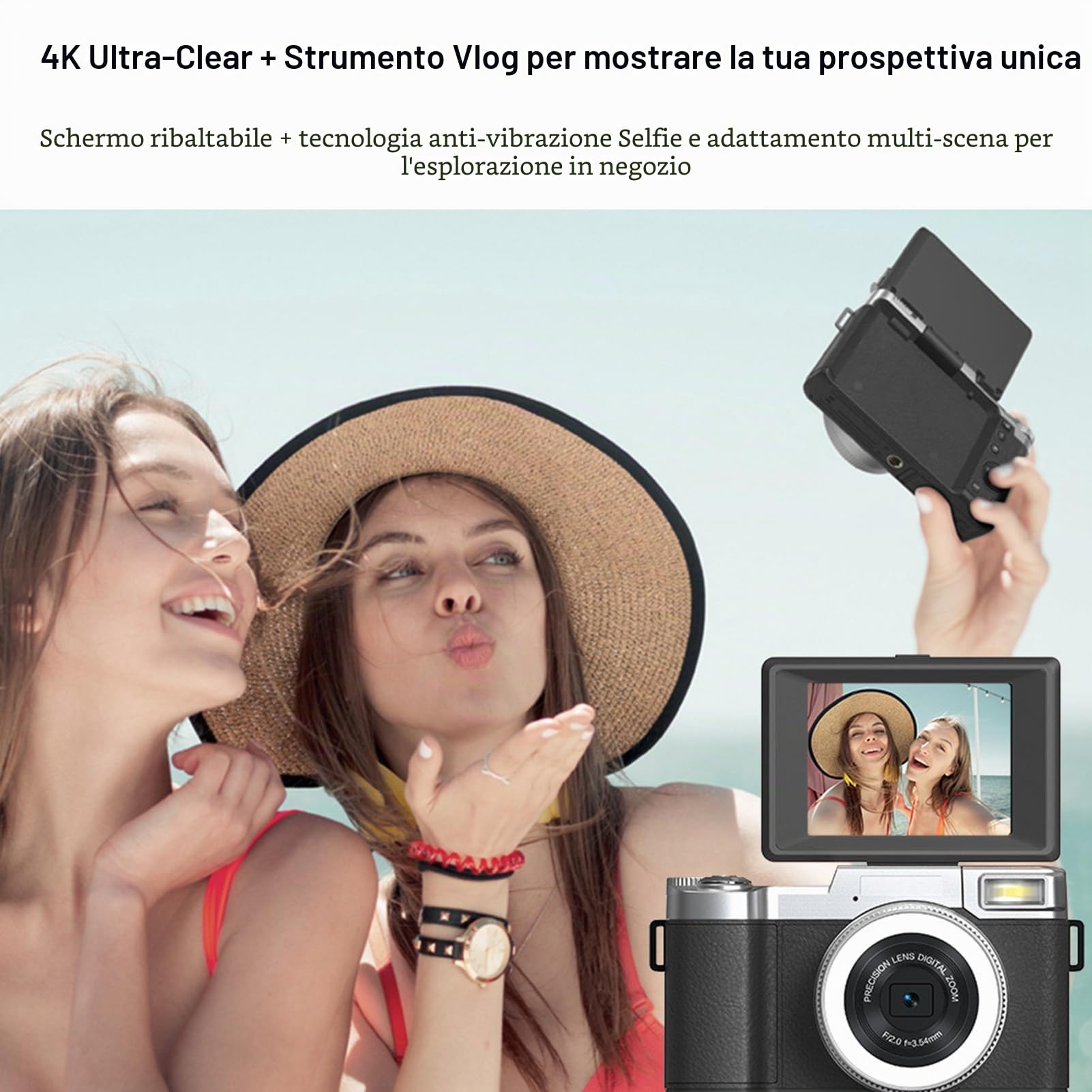 Andoer Fotocamera digitale 4K, autofocus 48 MP, fotocamera compatta portatile con schermo pieghevole a 180°, zoom digitale 16X per bambini, adolescenti, studenti, principianti (nero)