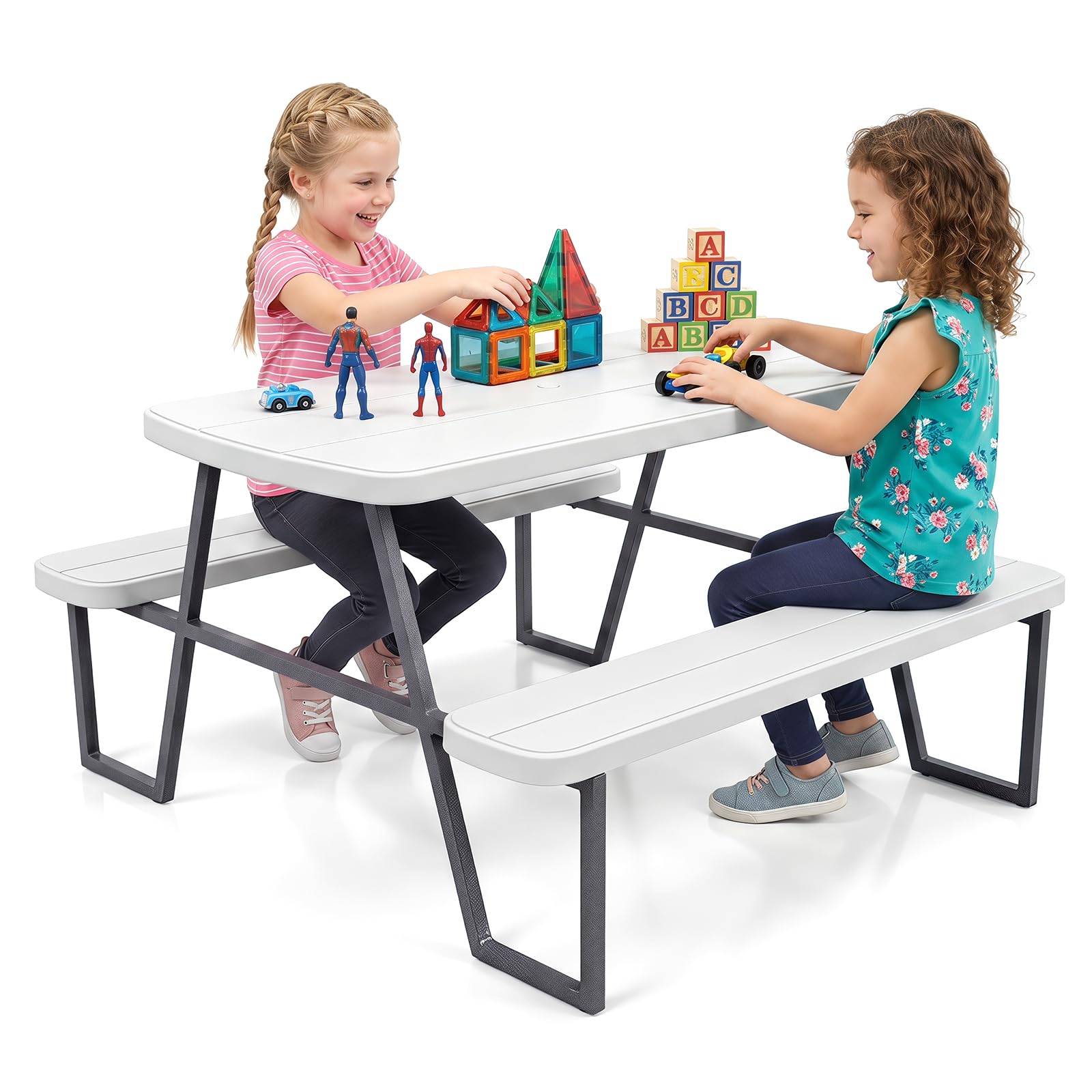 Maxmass 4 Seat Kids Picnic Table and Chair, Outdoor Children Picnic Table Bench Set with Umbrella Hole, Garden Toddler Activity Play Table for Garden Courtyard Home Lawn