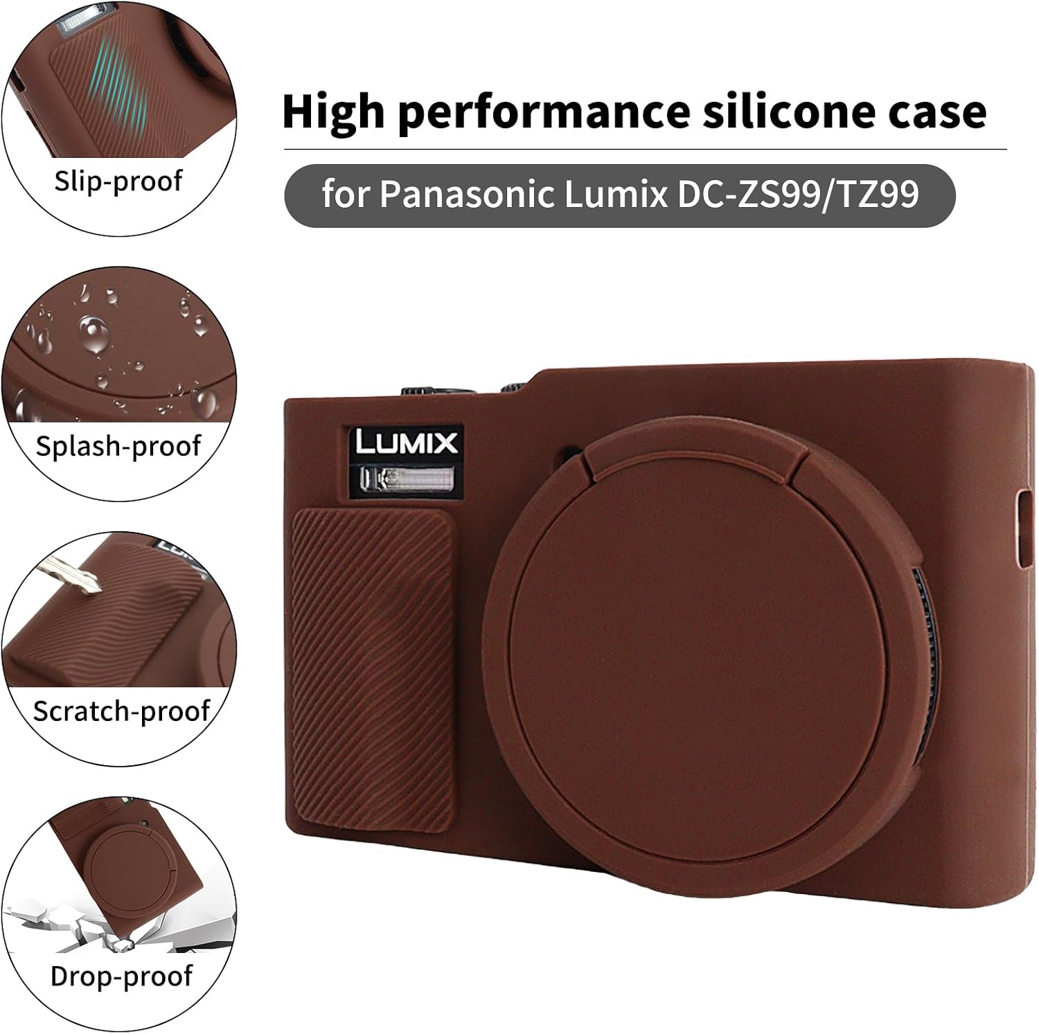 Rieibi Silicone Case for Panasonic Lumix ZS99/TZ99 Camera, Accessories for Panasonic Lumix DC-ZS99/TZ99 Case with 2 Pcs Screen Protectors, Detachable Lens Cover, Coffee image 3