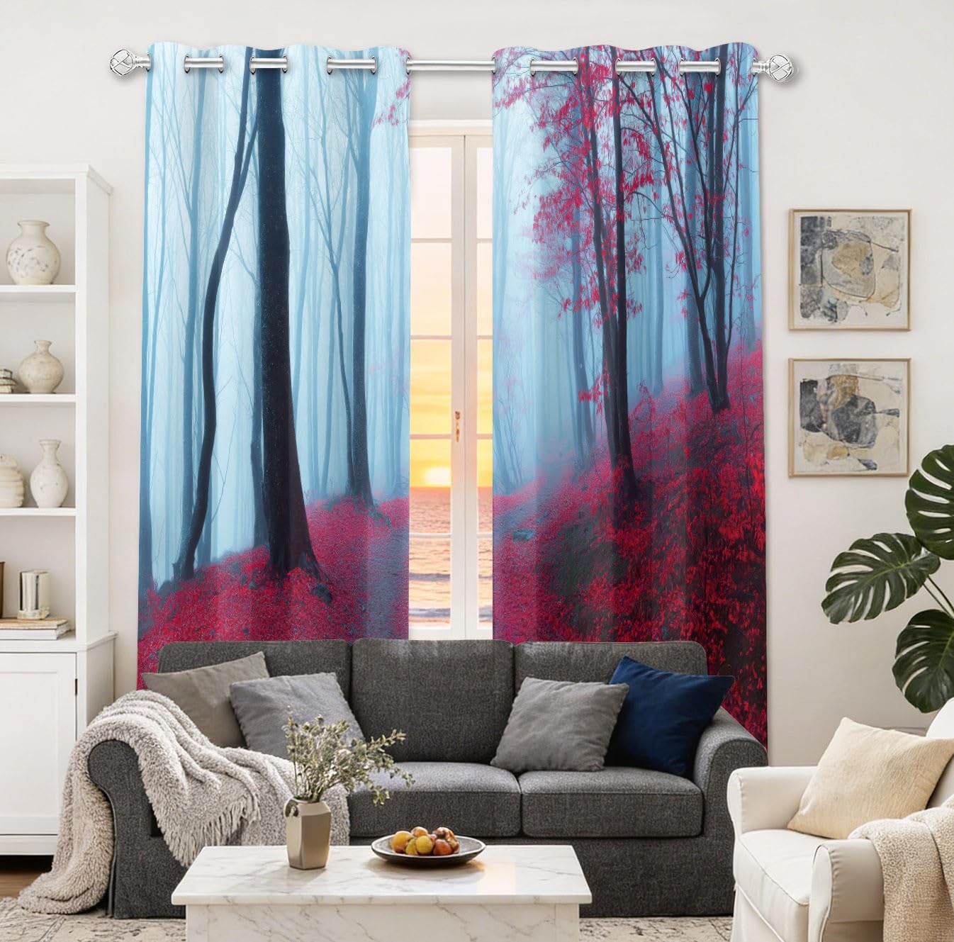 Firanki z oczkami w kolorze czerwonego i jasnoszarego lasu mgły i jesiennych liści, wys. 140 x szer. 90 cm (zestaw 2 szt.), nieprzejrzyste zasłony termiczne do pokoju dziecięcego i gabinetu, gabinetu