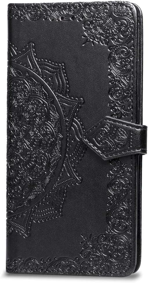 Wallet Case for iPhone 6 Mandala Black, Flip Case for iPhone 6S with Card Holder, Embossed Flower Faux Leather Phone Cover with Magnetic Kickstand & Wrist Strap for iPhone 6/6S Case Women