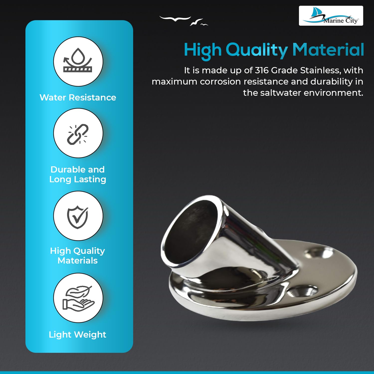 MARINE CITY Stainless Steel 45-Degree Boat Hand Railing Fitting - 1 Inch Round Base, 316 SS, For Marine Railings - View #9