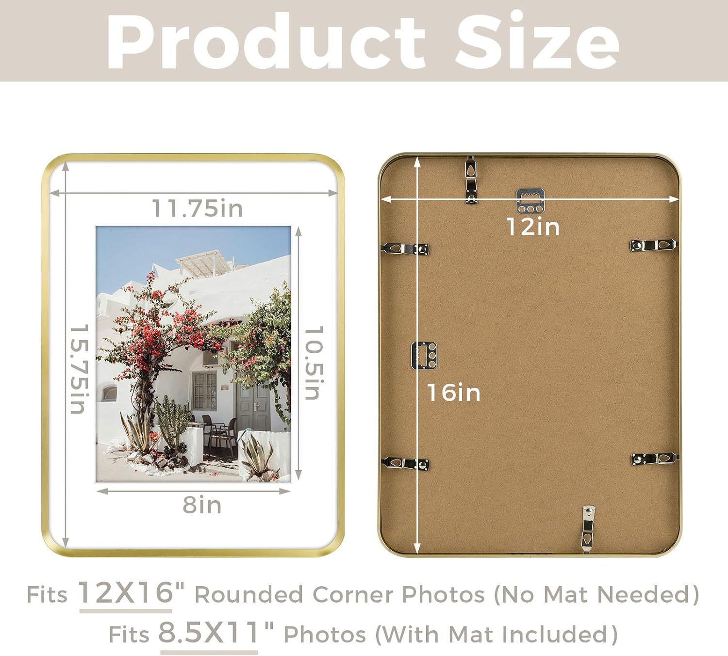 Golden State Art 12x16 Aluminum Picture Frame Gold - With Mat for 8.5x11 Photo or Without Mat for Round Edges 12 x 16 Photo with 1-inch Radius Corner - Real Glass - Matte Modern Wall Decor