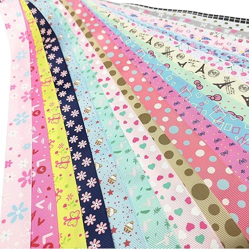 Mezcla de 20 yardas de cinta de grogrén para decoración de fiesta, lazo para el pelo, diseño de flores (mezcla, 0.984 in)