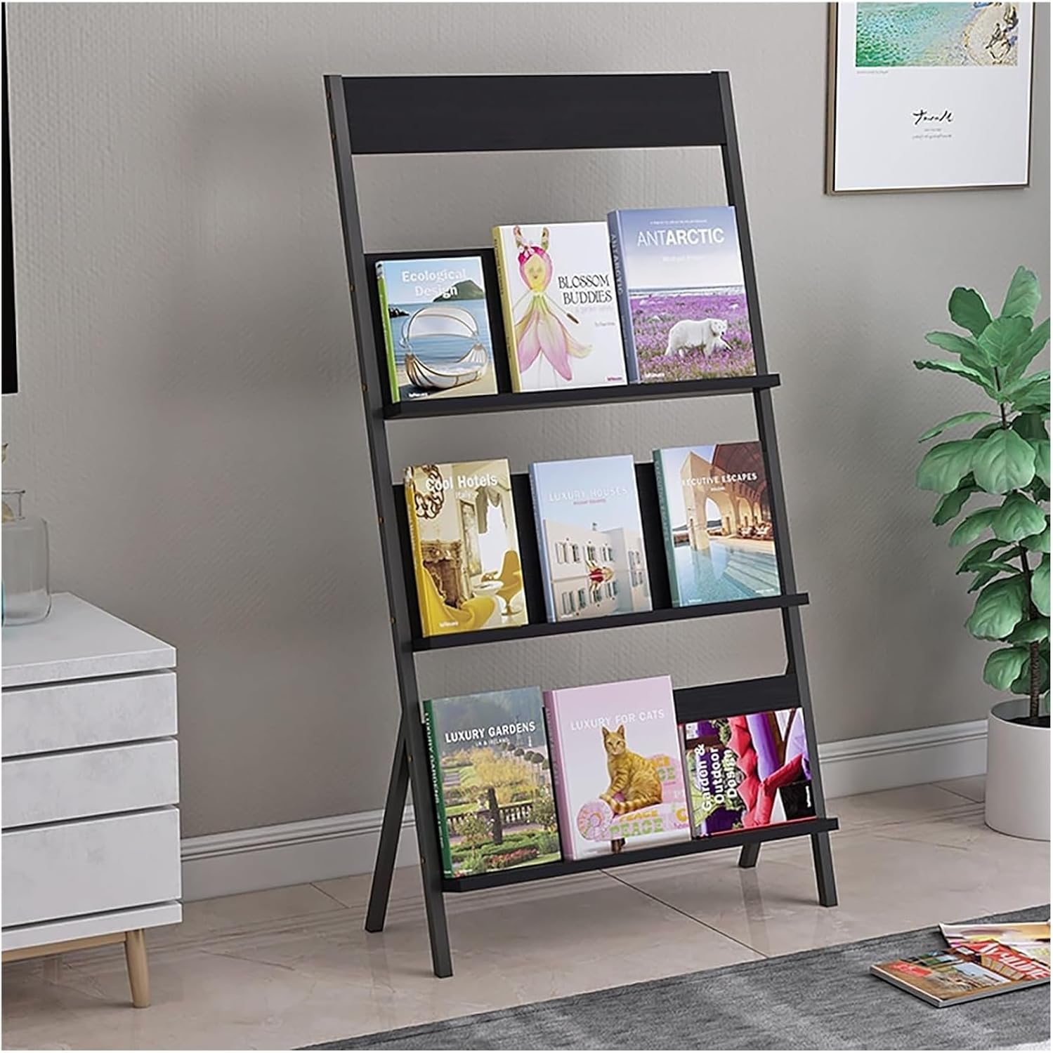 Magazine Rack,Book Display Rack, Display & Store Newspapers Magazines Books Convenient Installation Suitable for Reception Areas(Black,124cm(48.8in))
