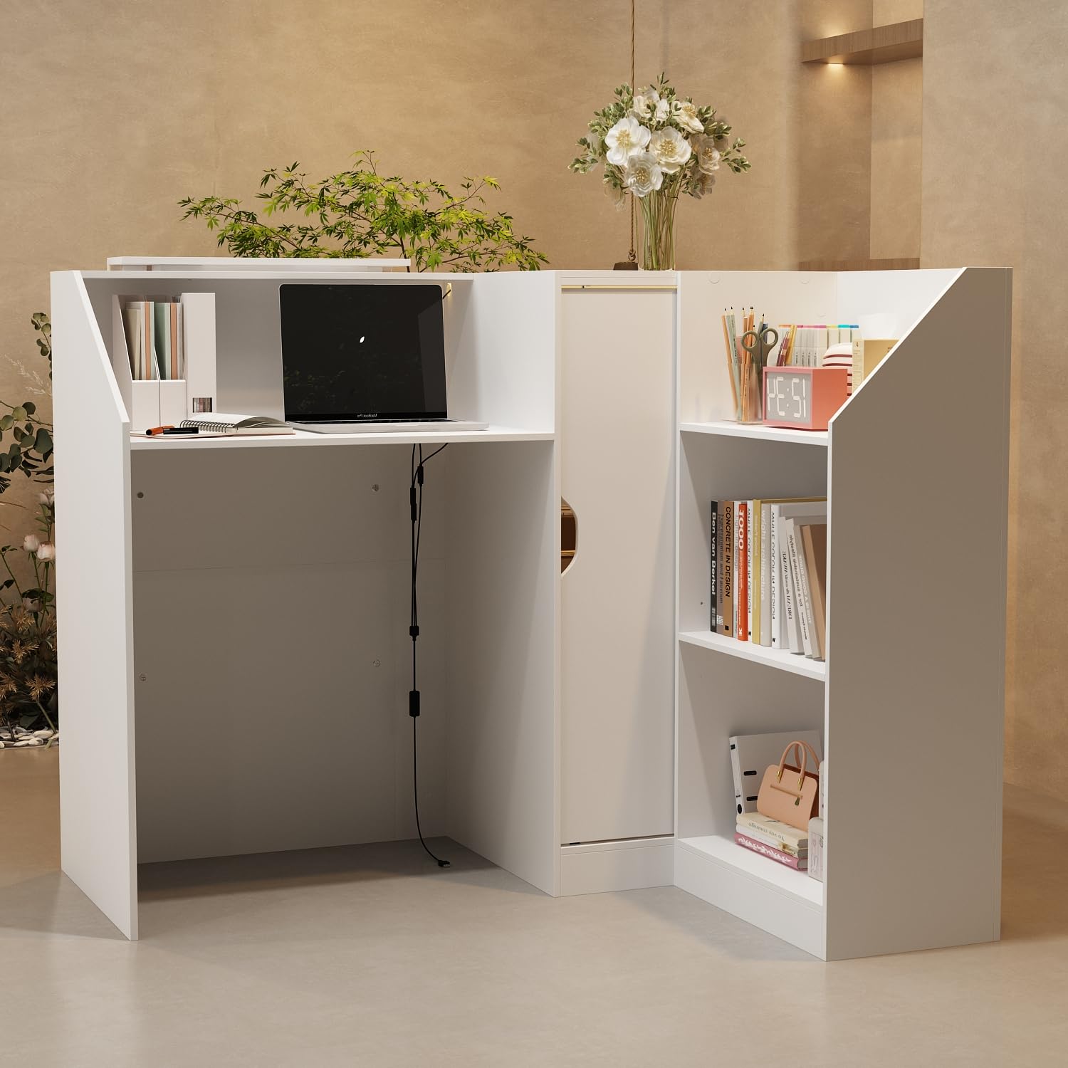 Banco di ricezione ad angolo bianco, con cassetto della tastiera e 2 armadi, cassette con strisce luminose, cassette di ricezione con piano in vetro temperato, tavolo da reception, 120 x 122 x