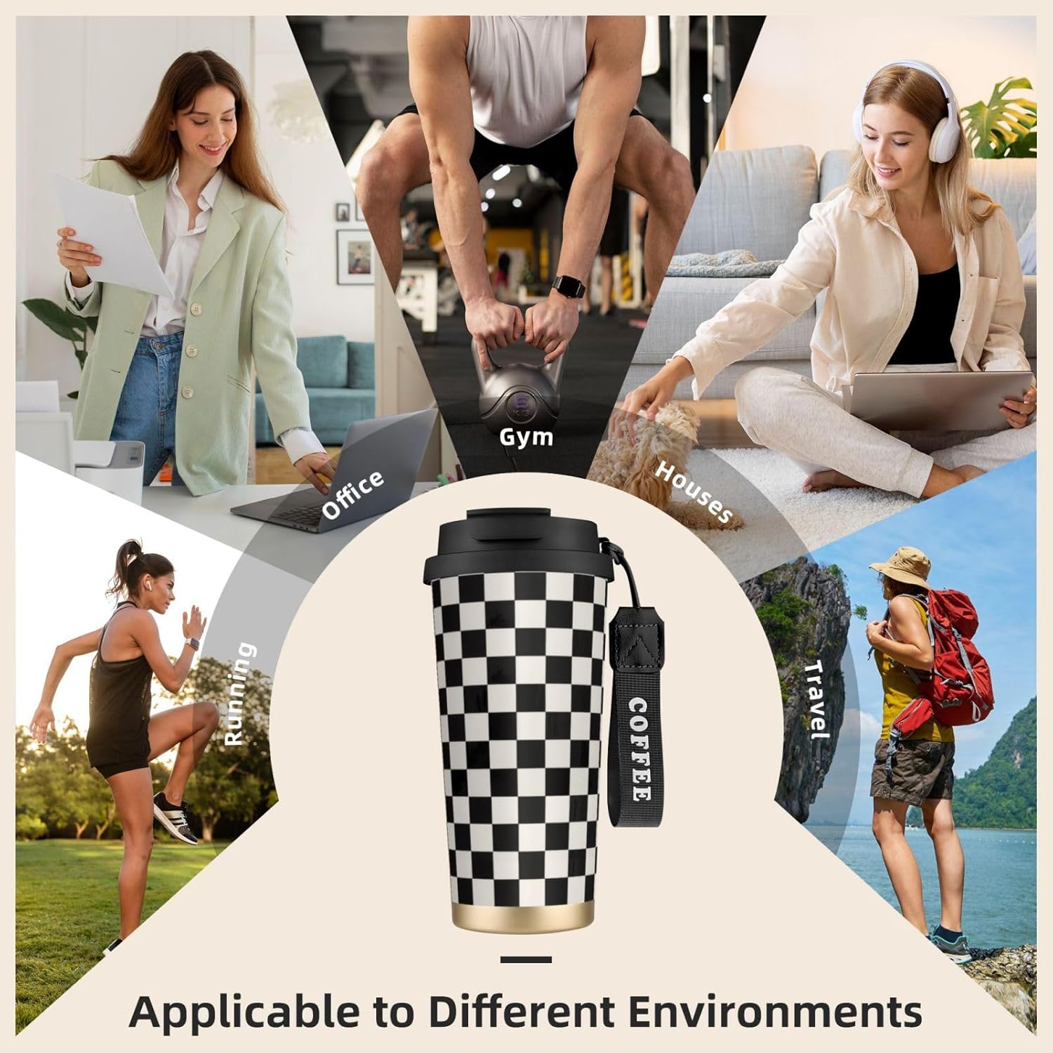 Checkered Insulated Coffee Tumbler with Lid Black and White Stainless Steel Travel Coffee Mug Grid Vacuum Insulated Reusable Cup Water Bottle