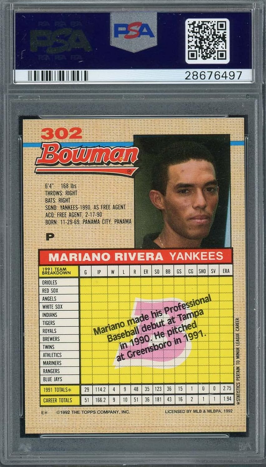 Mariano Rivera 1992 Bowman Baseball Rookie Card RC #302 Graded PSA 8