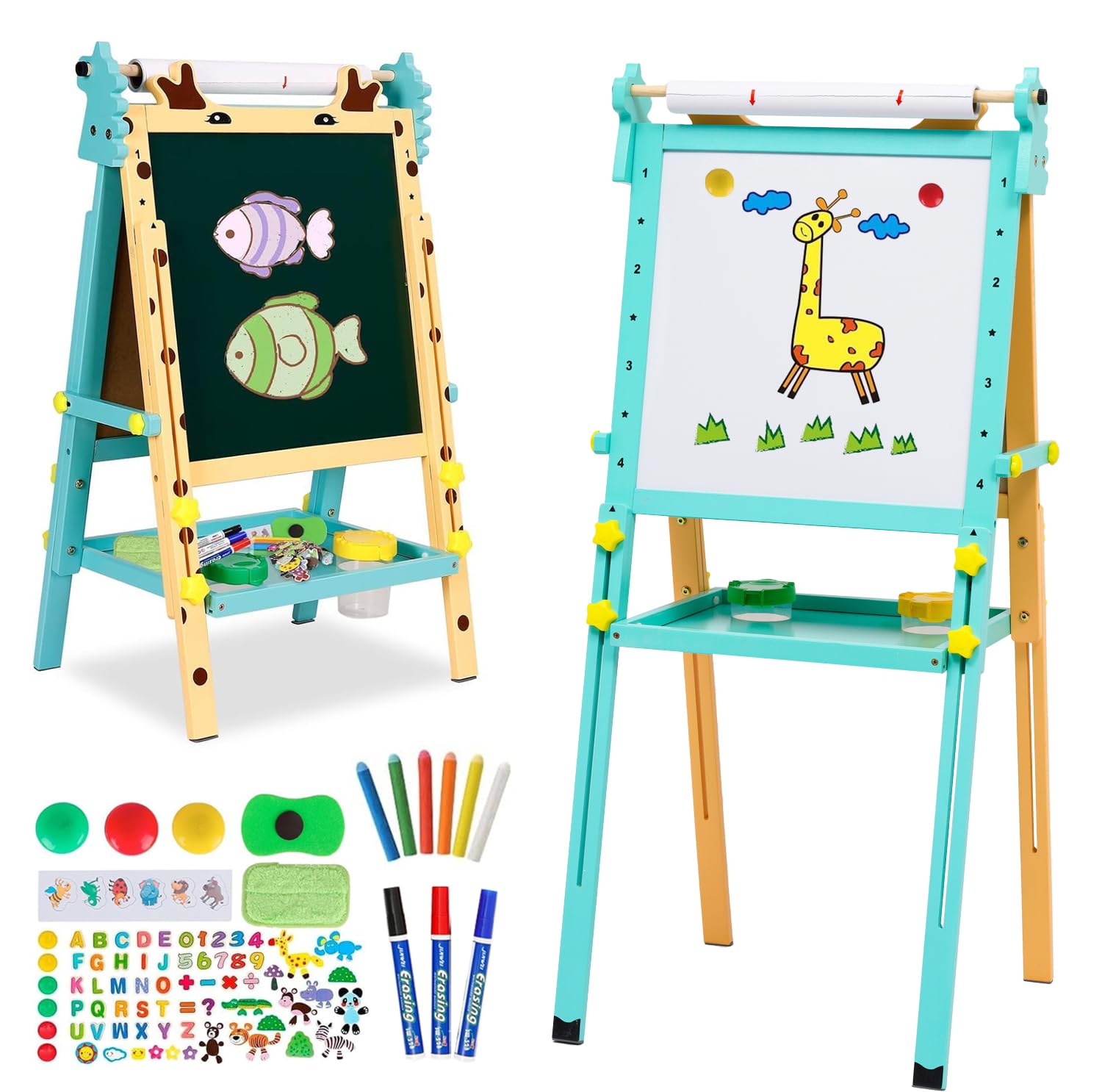 Kids Art Easel with Paper Roll Storage Tray Double-Sided Whiteboard Chalkboard Adjustable Height Standing Easel with Numbers and Other Accessories Art Set Drawing Board for Toddlers Boys Girls