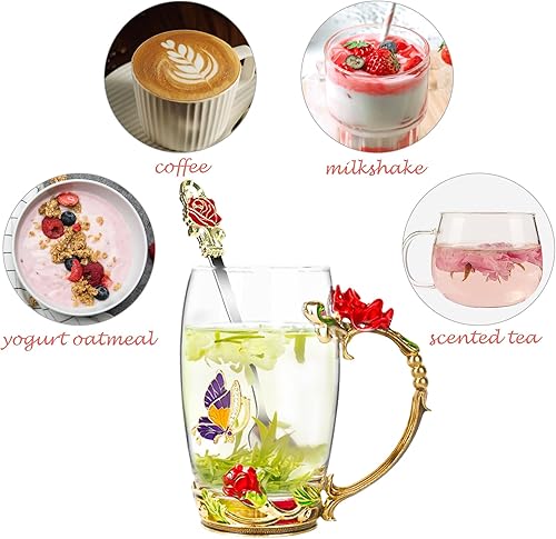 Vista 23 de Taza de té de flores, taza de café de cristal transparente con cuchara, caja de regalo para su madre, esposa, abuela, niñas, amigos, San Valentín