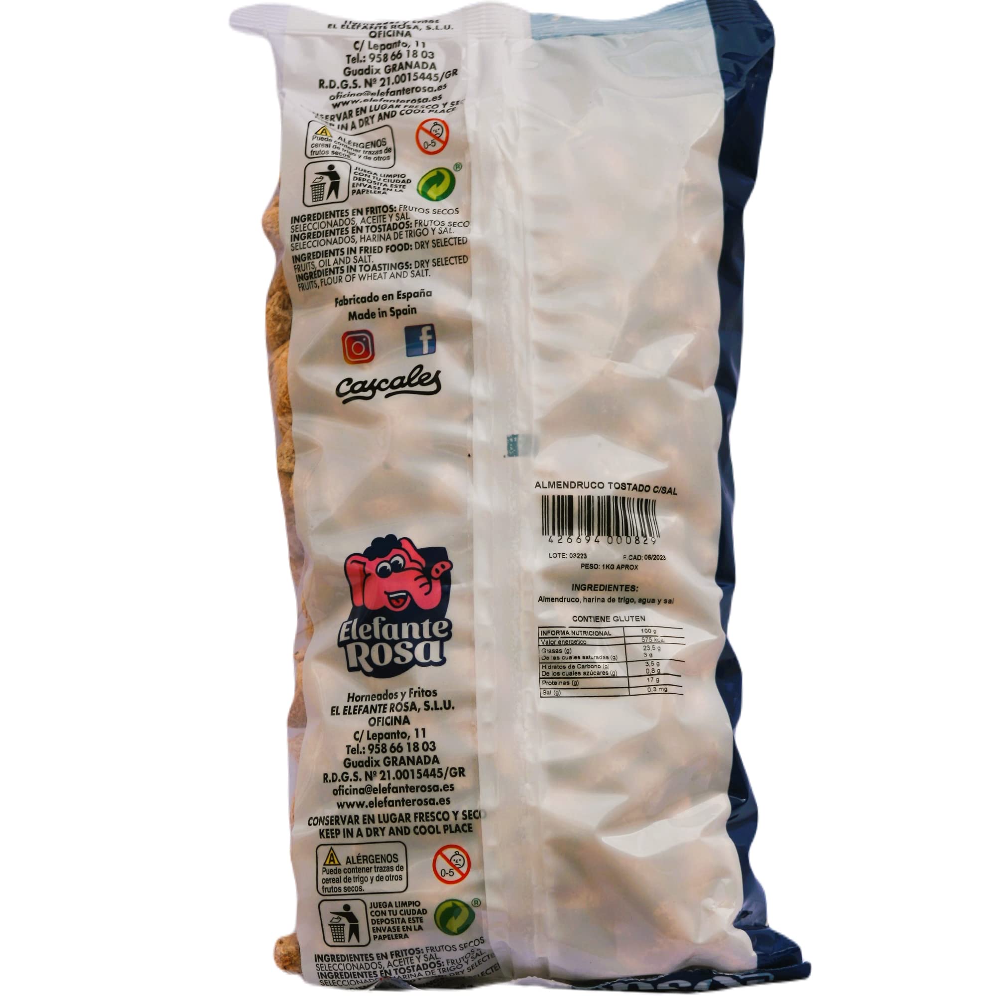 Almendras Saladas con Cascara Frita Salada - Frutos Secos Elefante Rosa Bolsa de 1 Kg - El Snack Saludable y Exquisito para Compartir - Almendras Tostadas Enteras con Sal