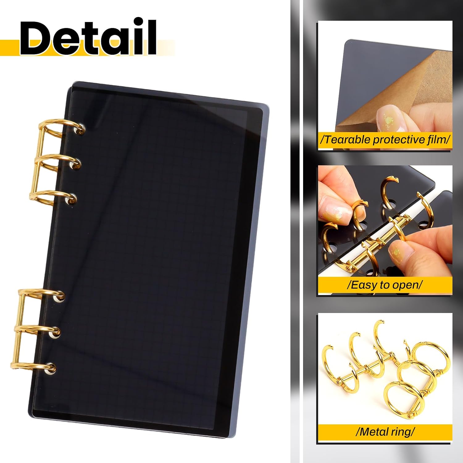 A6 Binder Black Acrylic Notebook Cover 6-Hole Binder Notebook Refillable Planner Cover with Gold Metal Round Ring for Meeting Travel Office image 4