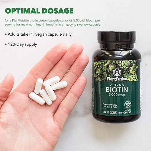 Miniatura 4 de PlantFusion Biotina vegana de biotina vegana prémium para mujeres y hombres (5000 mcg), vitaminas naturales para la piel y las uñas, 120 cápsulas